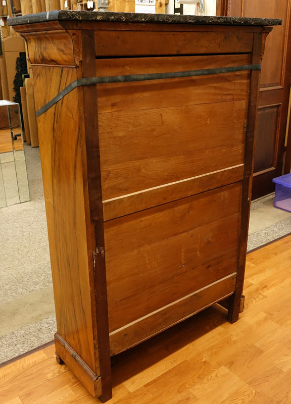 French Louis Philippe Burled Walnut Secretary Desk Cabinet with Marble Top.