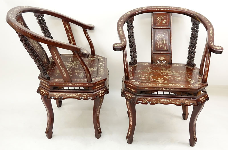 Pair of Chinese Carved Hardwood and Bone Inlay Horseshoe Armchairs.