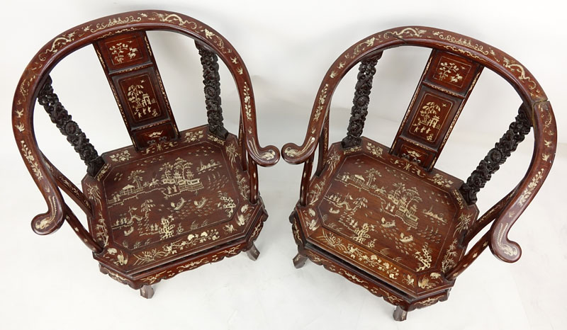 Pair of Chinese Carved Hardwood and Bone Inlay Horseshoe Armchairs.