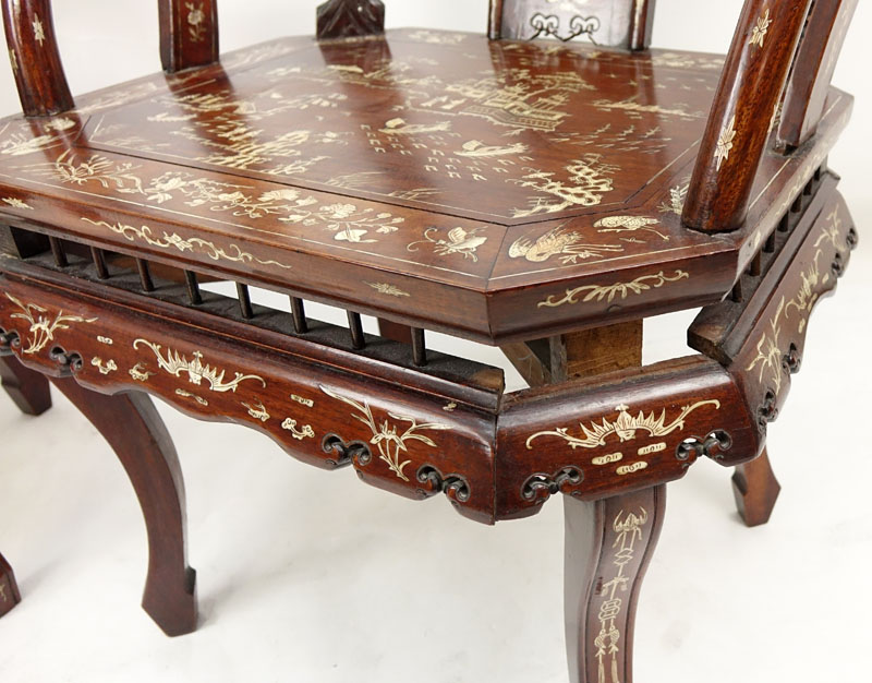 Pair of Chinese Carved Hardwood and Bone Inlay Horseshoe Armchairs.