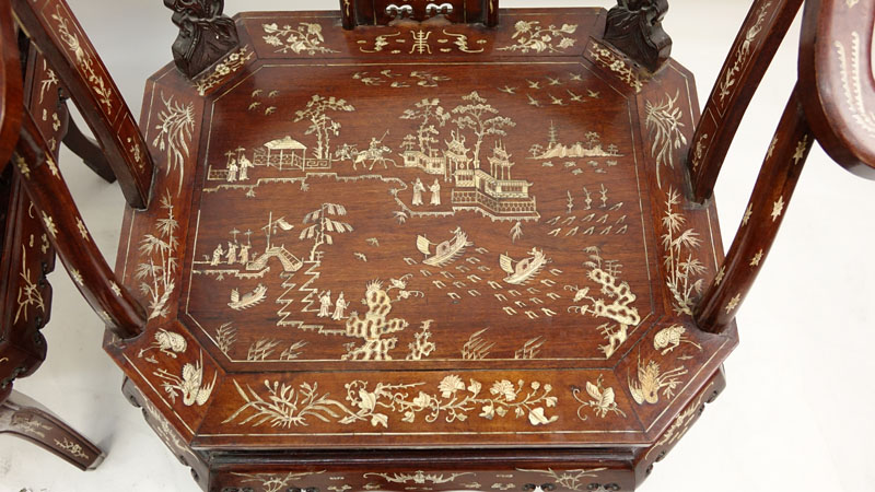 Pair of Chinese Carved Hardwood and Bone Inlay Horseshoe Armchairs.