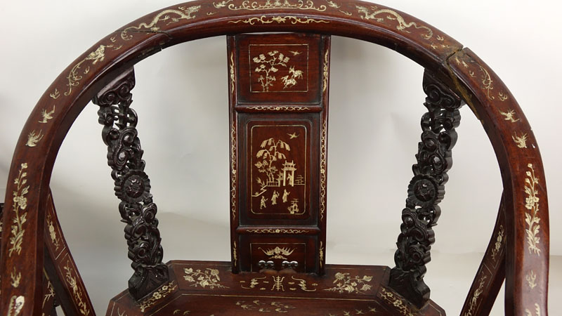 Pair of Chinese Carved Hardwood and Bone Inlay Horseshoe Armchairs.