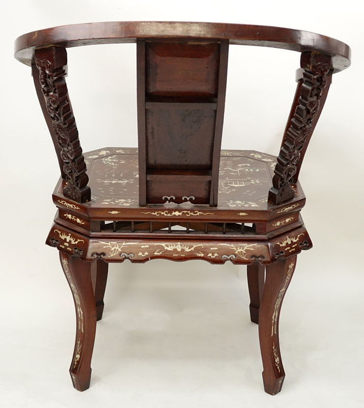 Pair of Chinese Carved Hardwood and Bone Inlay Horseshoe Armchairs.