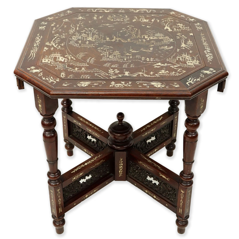 Chinese Carved Hardwood and Bone Inlay Occasional Table.