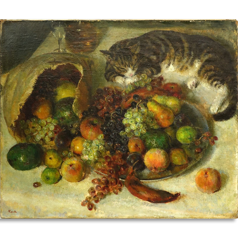 John Koch, American (1909-1978) Oil on Canvas "Still Life with Cat". Signed Lower Left. Good conserved condition.