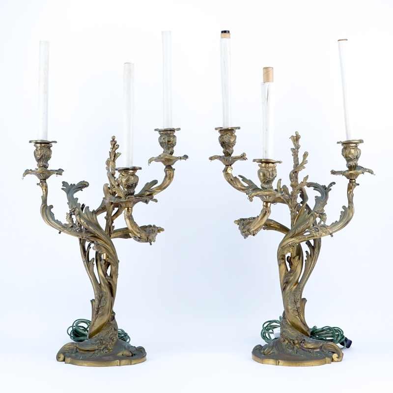 Pair of Georges Van de Voorde, Dutch (1878-1970) Antique Gilt Bronze Three-Arm Candelabras Lamps. 