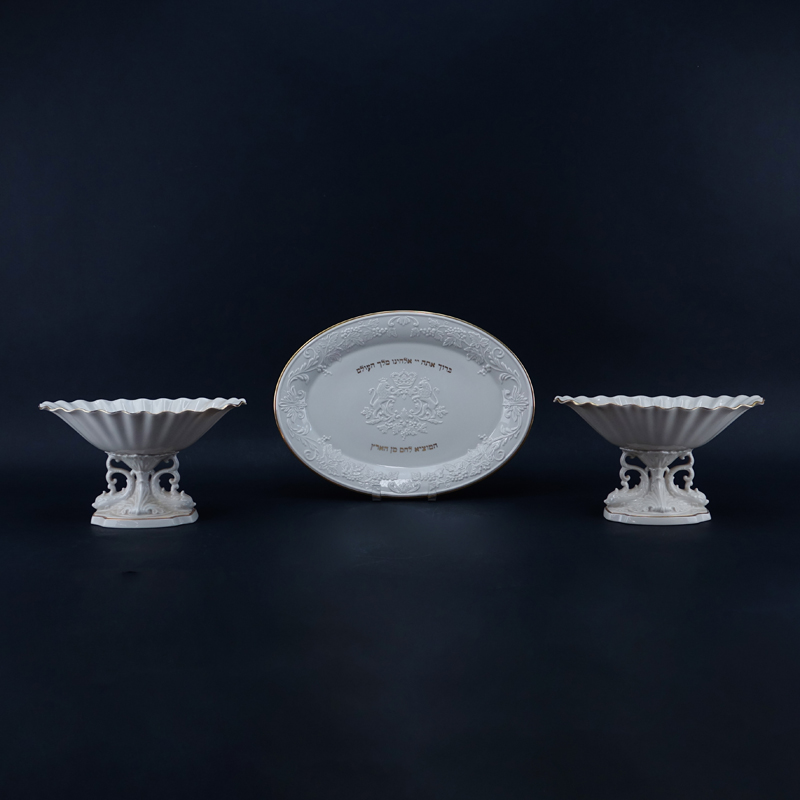 Three (3) Pieces Lenox Porcelain Table Top Items. Includes: 2 Aquarius centerpieces and an oval Hallah Tray.