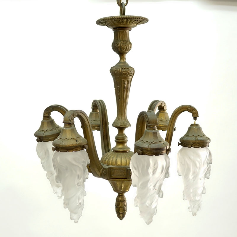 19th Century Gilt Bronze Six-Arm Chandelier with Frosted Glass Shades.