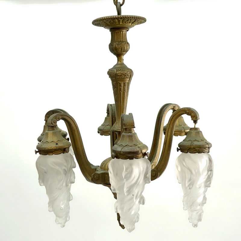19th Century Gilt Bronze Six-Arm Chandelier with Frosted Glass Shades.