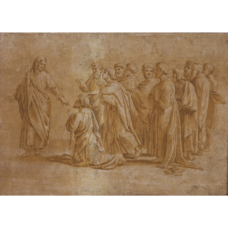 17th Century Old Master Sanguine Ink On Paper "Christ And His Apostles". Unsigned. Good condition.