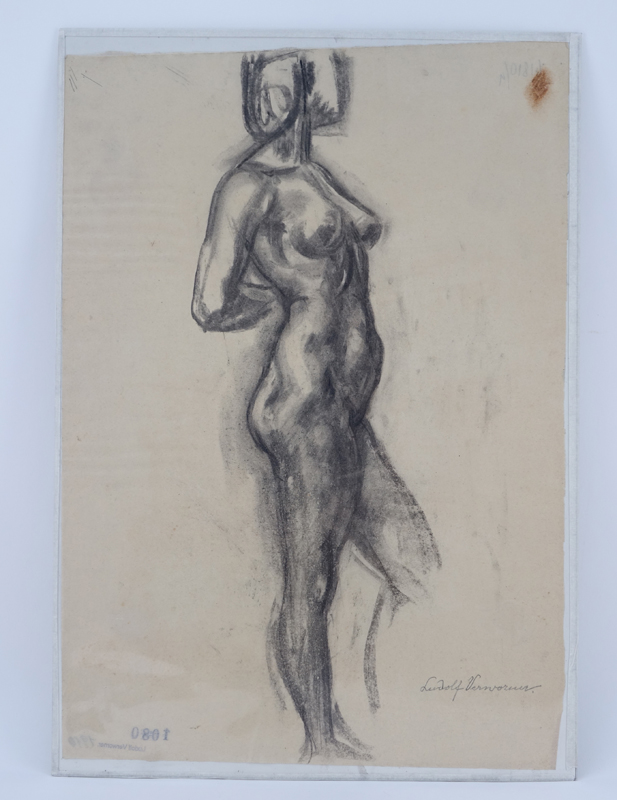 Ludolf Verworner, German (1867 - 1927) Charcoal on paper "Female Nude" Signed lower right.