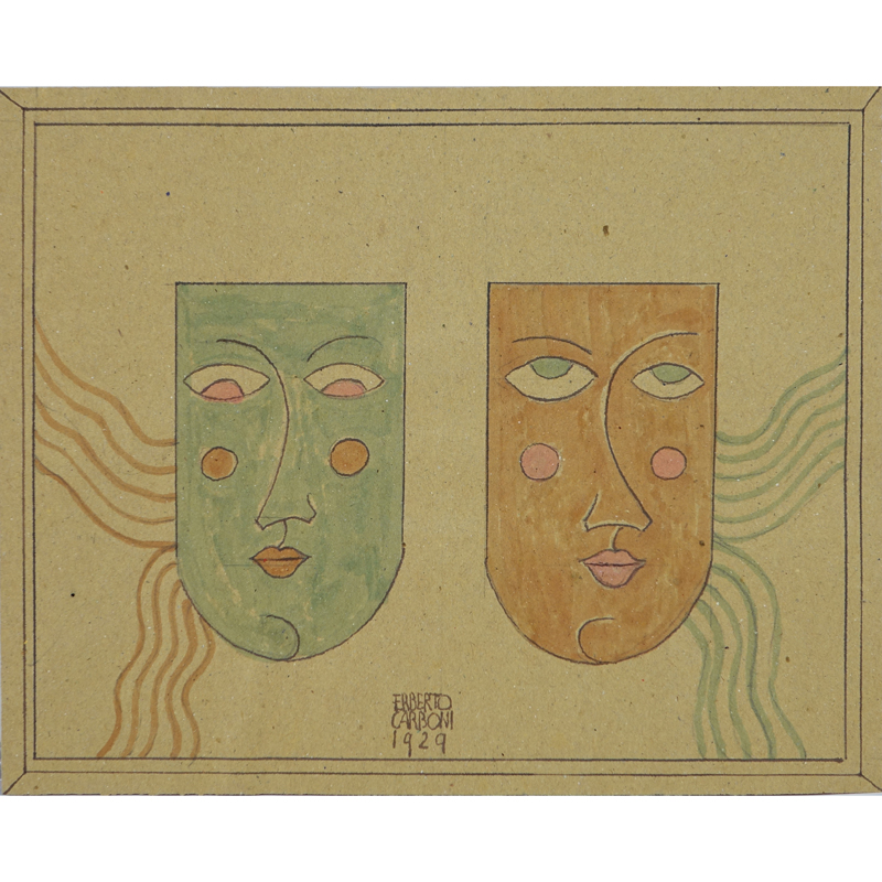 Erberto Carboni, Italian (1899–1984) Pencil, ink and watercolor. "Prepatory Sketch Of Two Masks For Publicity".