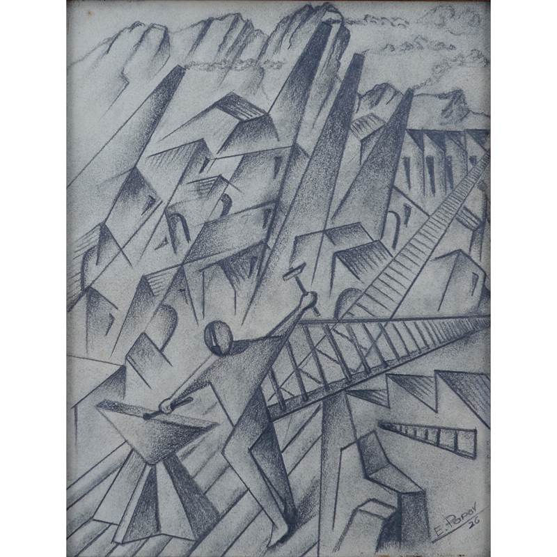 Art Deco Russian School Charcoal On Paper "Avante-Garde Figure At Work". Signed E. Popov and dated '26.