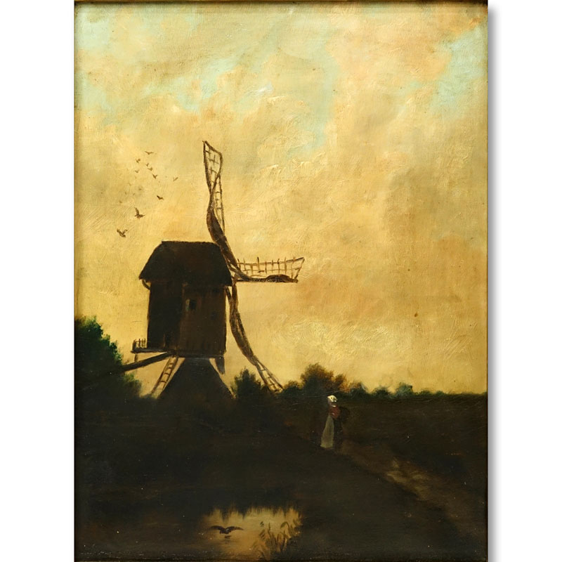 Antique Oil on Canvas, Windmill at Sunset, Unsigned. Fading and yellowing to canvas otherwise good condition.