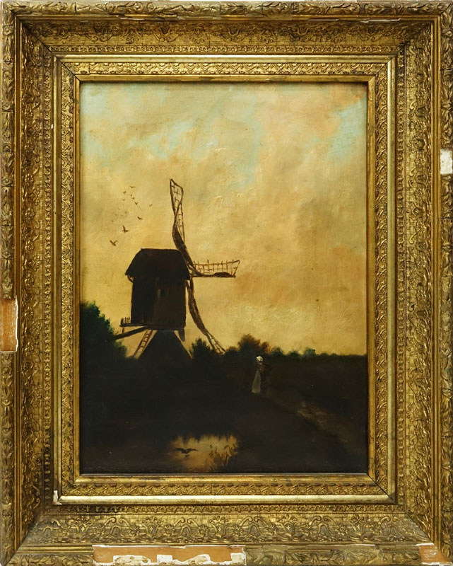 Antique Oil on Canvas, Windmill at Sunset, Unsigned. Fading and yellowing to canvas otherwise good condition.