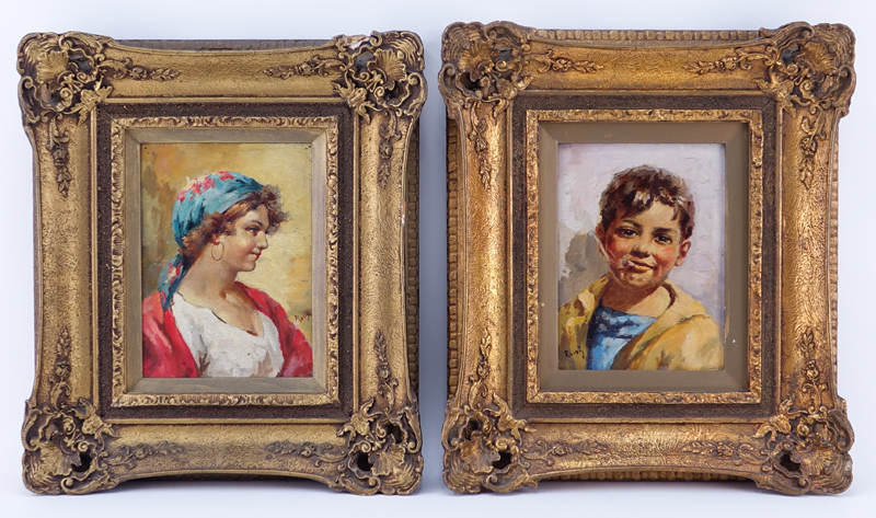 Pair of Italian Oil on Board Paintings, Young Boy and Girl, Signed Rossi. Craquelure to paint otherwise good condition. 