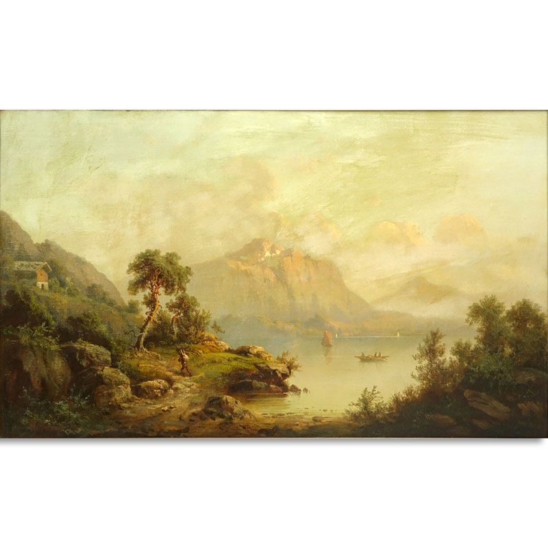 Antique Oil on Canvas, Austrian Landscape Scene with Mountains, Signed R. Shoner Lower Left.