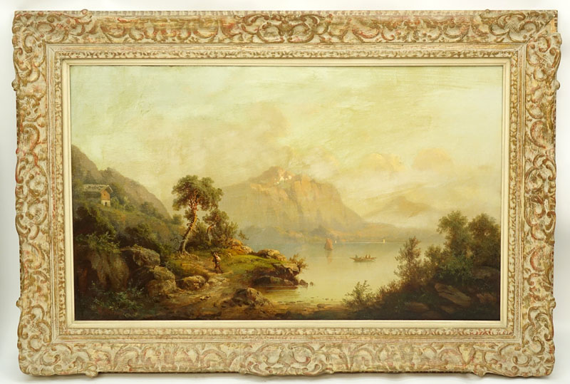 Antique Oil on Canvas, Austrian Landscape Scene with Mountains, Signed R. Shoner Lower Left.