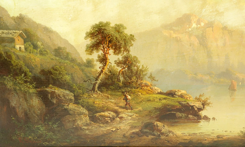 Antique Oil on Canvas, Austrian Landscape Scene with Mountains, Signed R. Shoner Lower Left.