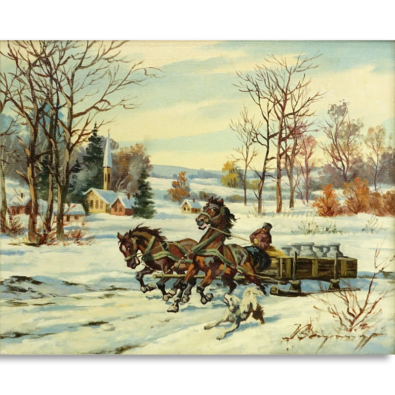 Austrian Oil on Canvas, Horse Drawn Sled with Dog, Signed Lower Right. Good condition. 
