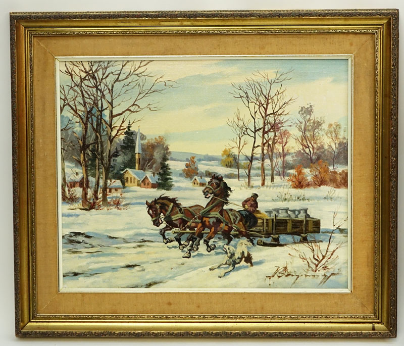 Austrian Oil on Canvas, Horse Drawn Sled with Dog, Signed Lower Right. Good condition. 