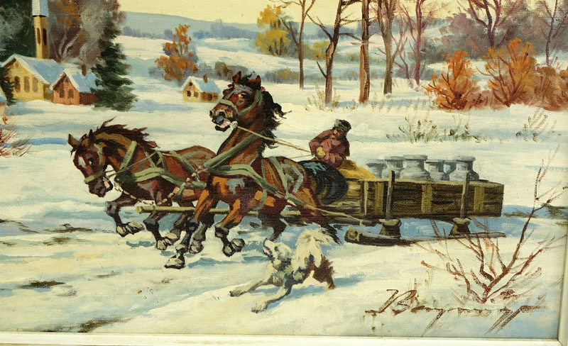 Austrian Oil on Canvas, Horse Drawn Sled with Dog, Signed Lower Right. Good condition. 