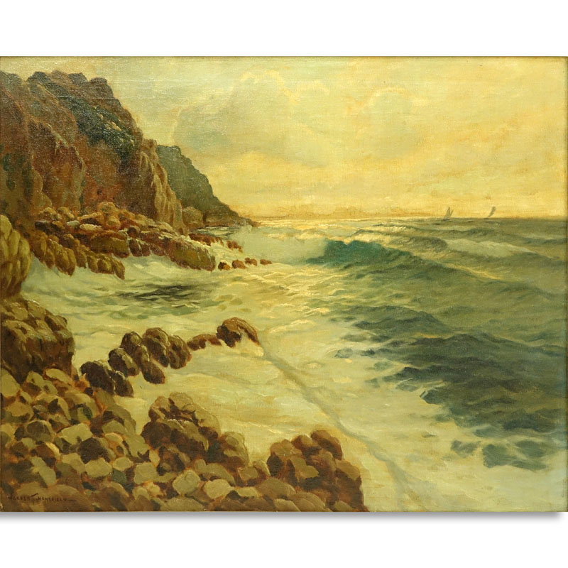 Warren Mansfield, American  (20th century) Oil on Canvas "Rocky Coast" Signed Lower Left. Copyright mark en verso. 