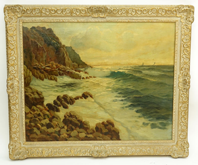 Warren Mansfield, American  (20th century) Oil on Canvas "Rocky Coast" Signed Lower Left. Copyright mark en verso. 