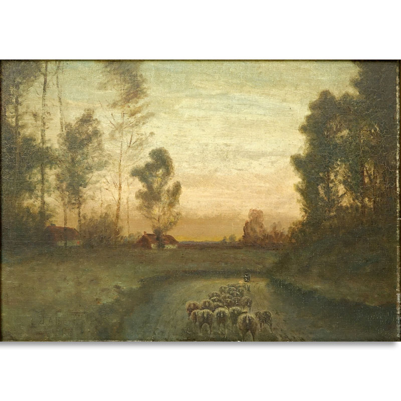 J.L. Albert (20th C.) Oil on Board "Shepherd Leading  Flock of Sheep" Signed and Dated 1928 Lower Left.  