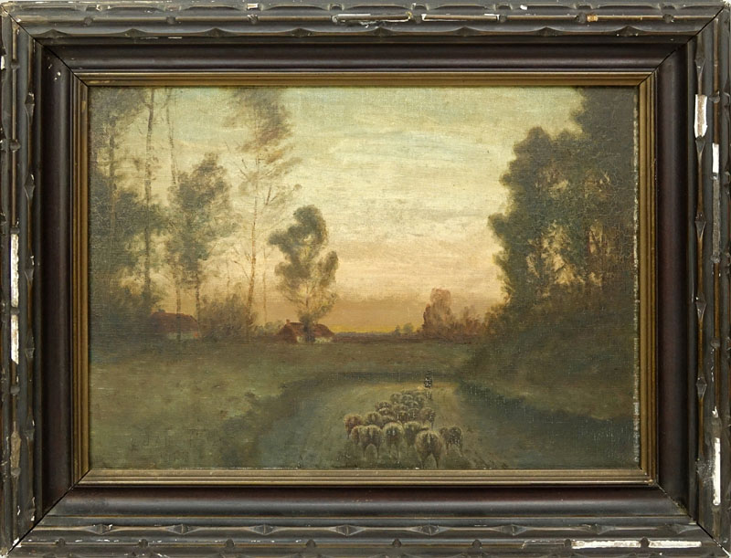 J.L. Albert (20th C.) Oil on Board "Shepherd Leading  Flock of Sheep" Signed and Dated 1928 Lower Left.  