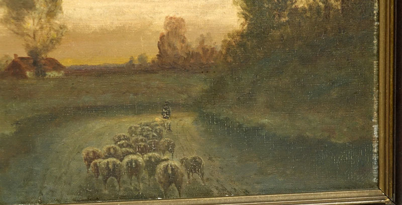 J.L. Albert (20th C.) Oil on Board "Shepherd Leading  Flock of Sheep" Signed and Dated 1928 Lower Left.  