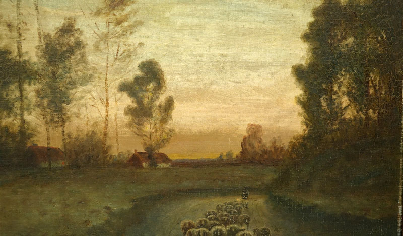 J.L. Albert (20th C.) Oil on Board "Shepherd Leading  Flock of Sheep" Signed and Dated 1928 Lower Left.  