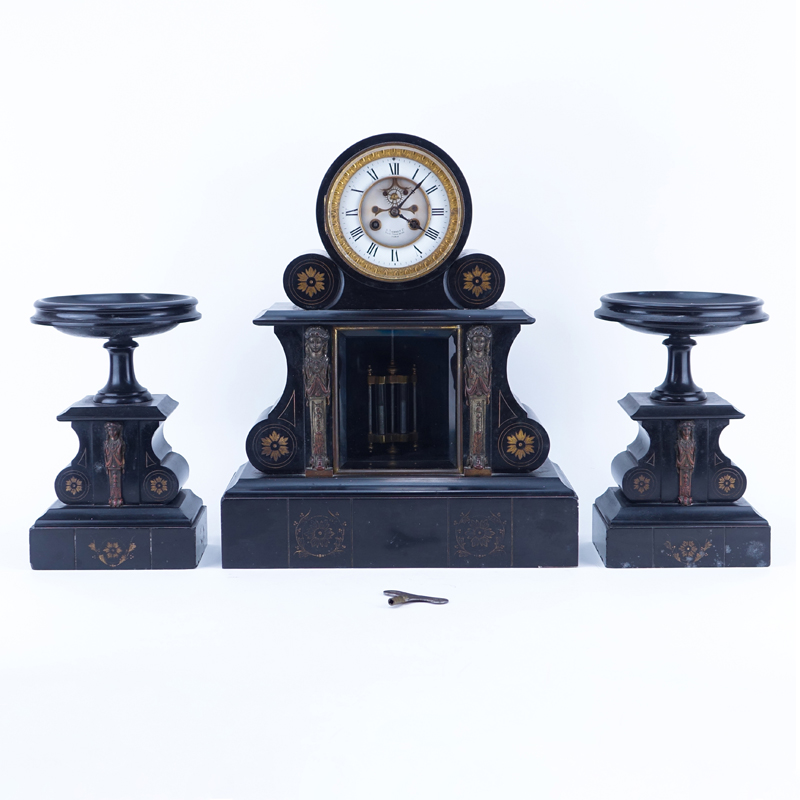 Antique Lebret French Empire Style Black Slate Clock Garniture Set. A Lebret Paris Inscribed on dial, visual escapement and roman numerals, key included. 