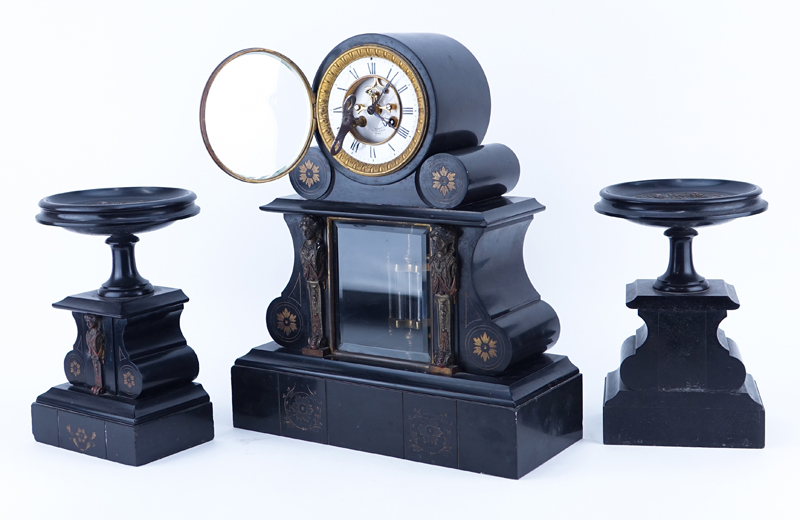 Antique Lebret French Empire Style Black Slate Clock Garniture Set. A Lebret Paris Inscribed on dial, visual escapement and roman numerals, key included. 