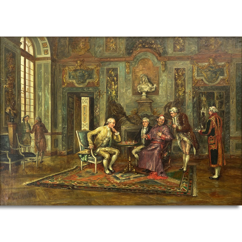 Juan Antonio Gonzales, Peruvian (1822 - 1914) Oil on Canvas " Le Jeu D'Echecs / Competitive Game of Chess" Signed 'Juan A Gonzales' Lower Left.