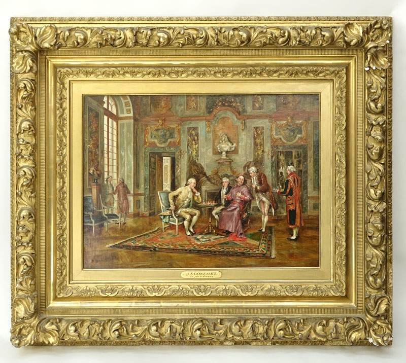 Juan Antonio Gonzales, Peruvian (1822 - 1914) Oil on Canvas " Le Jeu D'Echecs / Competitive Game of Chess" Signed 'Juan A Gonzales' Lower Left.