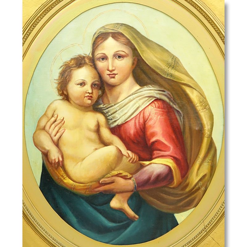 Antique Russian Style Oil on Canvas, Madonna and Child, in Period Style Frame. Unsigned. Good condition. 