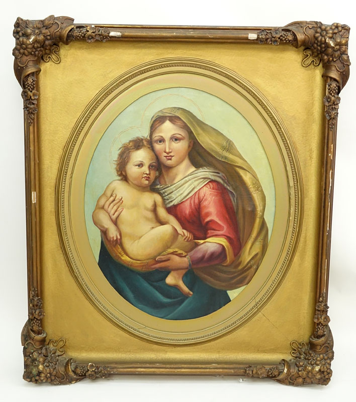 Antique Russian Style Oil on Canvas, Madonna and Child, in Period Style Frame. Unsigned. Good condition. 