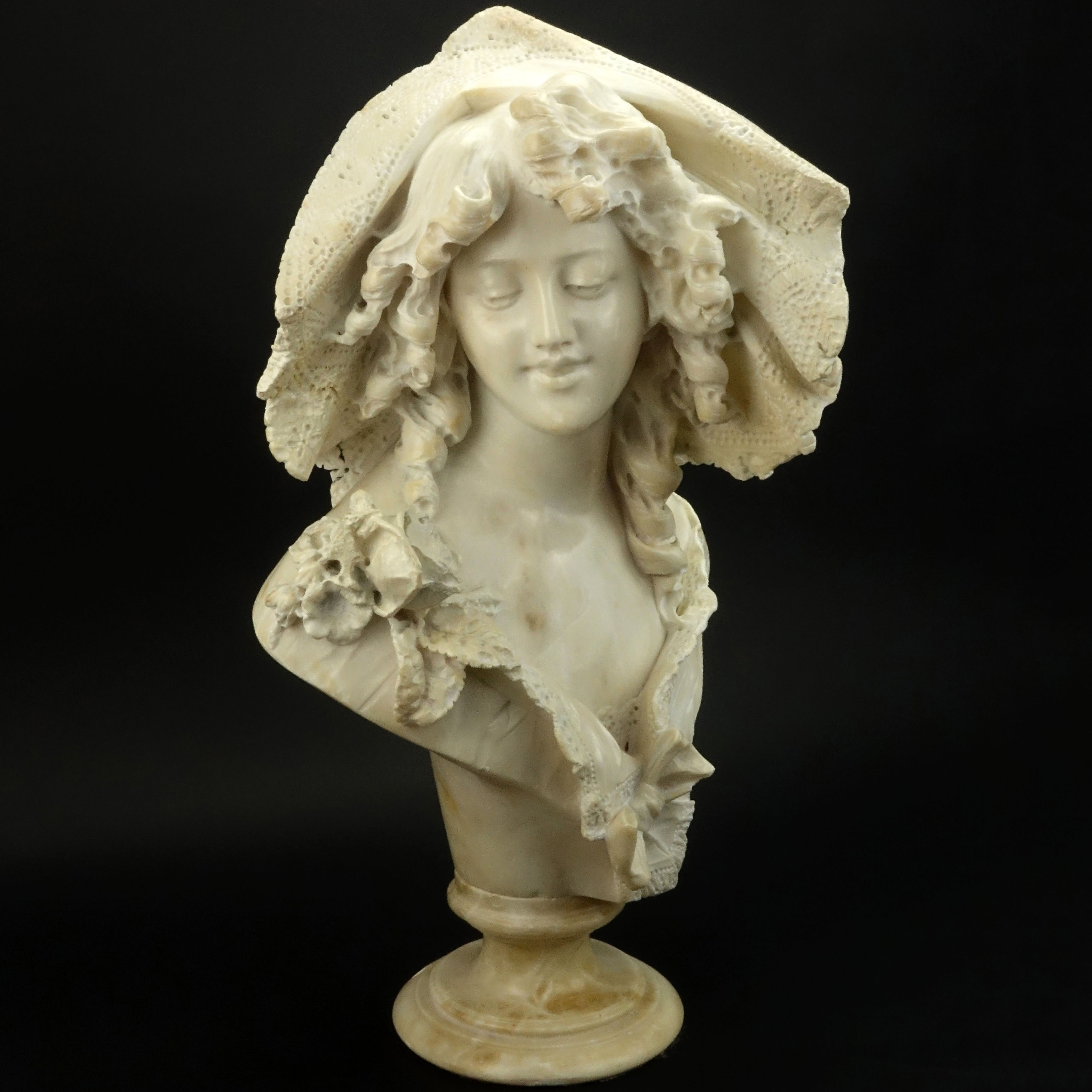 19/20th Century Polished Alabaster  "Beauty with Lace-trimmed Hat". Signed A. Cipriani. 