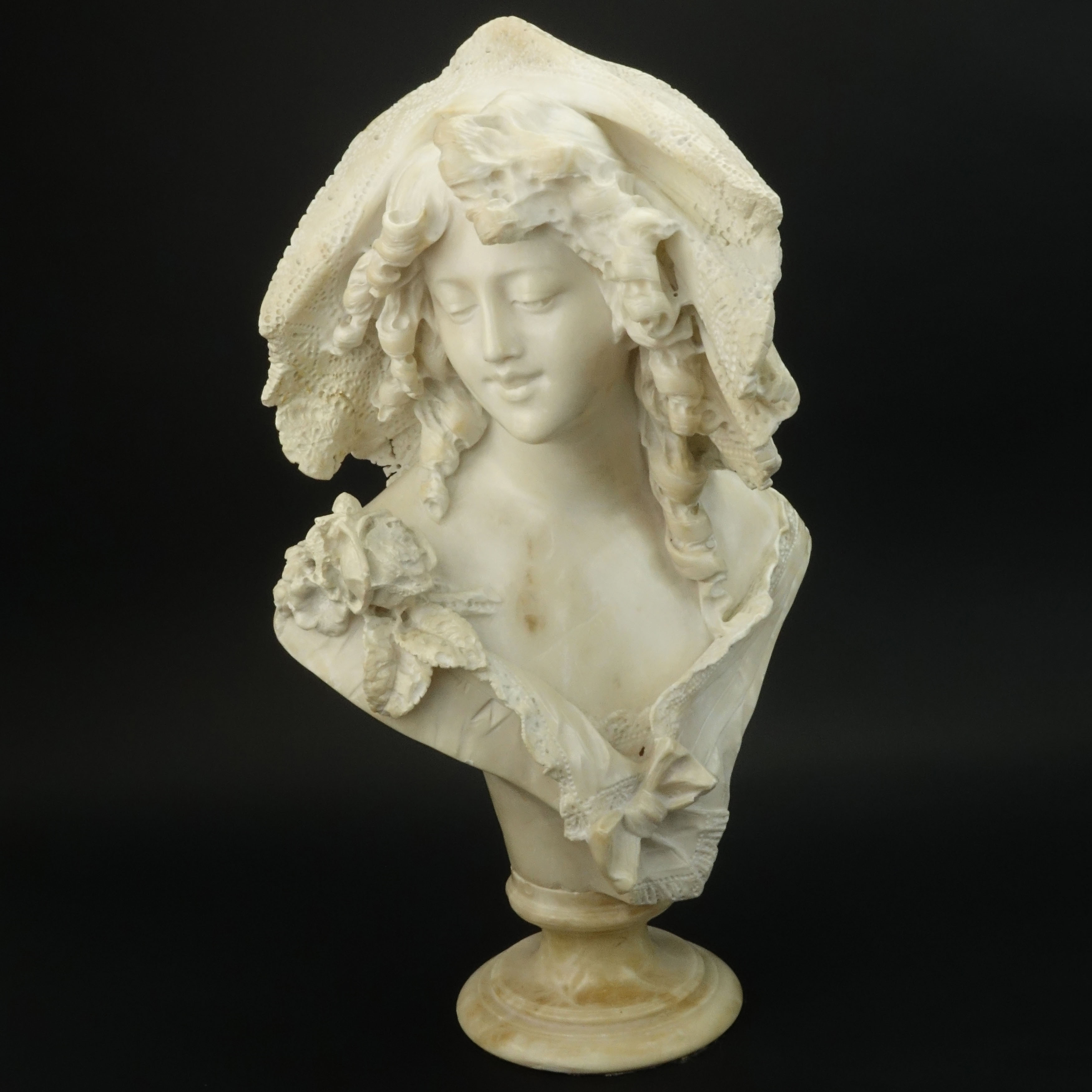 19/20th Century Polished Alabaster  "Beauty with Lace-trimmed Hat". Signed A. Cipriani. 