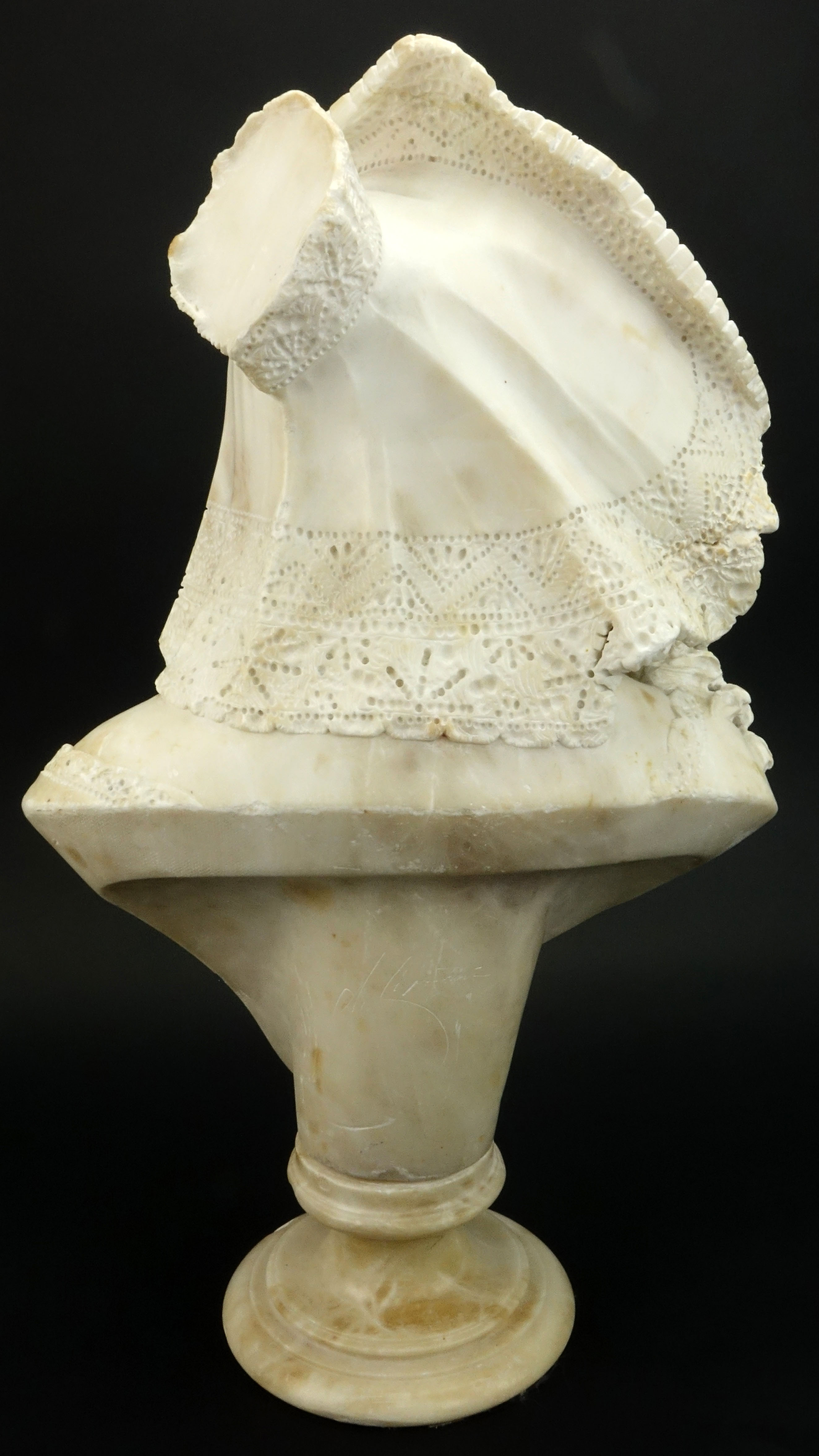 19/20th Century Polished Alabaster  "Beauty with Lace-trimmed Hat". Signed A. Cipriani. 