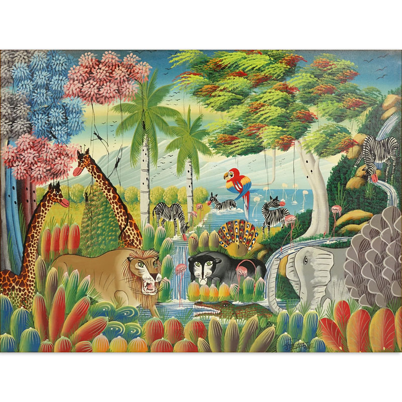 Contemporary Haitian Acrylic On Canvas "Jungle Scene" Signed lower right Jacky ____. Good condition.