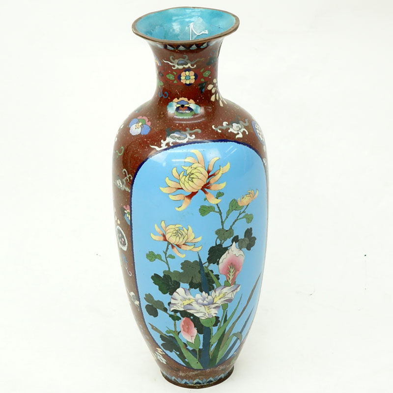 Large Antique Japanese Cloisonné Vase. Exotic wild flowers window on front and obverse side, floral panel with gold flecks.