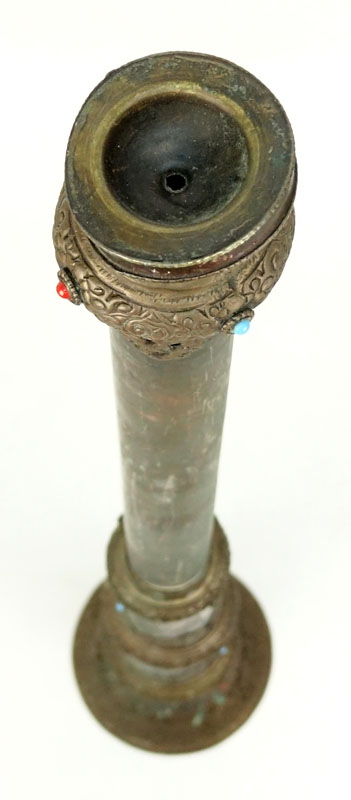 Tibetan Repousse Brass Rag Dung Trumpet Horn. Inlaid with turquoise and coral stones.
