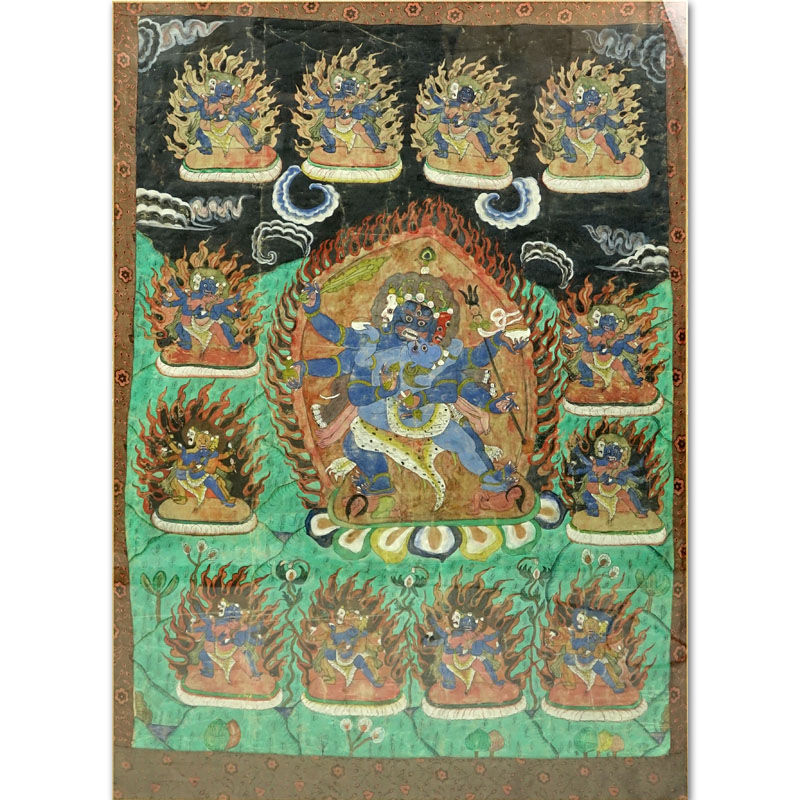 19th Century Tibetan Thangka Gouache Painting on Silk. Depicts an image of Vajrapani with consorts.