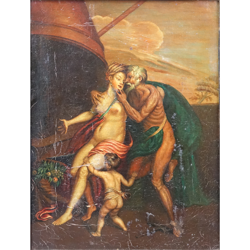 19/20th Century Old Master Style Allegorical Oil On Canvas. Unsigned. Old restoration, craquelure, losses.