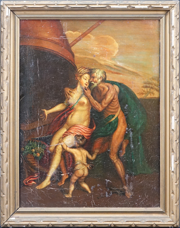 19/20th Century Old Master Style Allegorical Oil On Canvas. Unsigned. Old restoration, craquelure, losses.