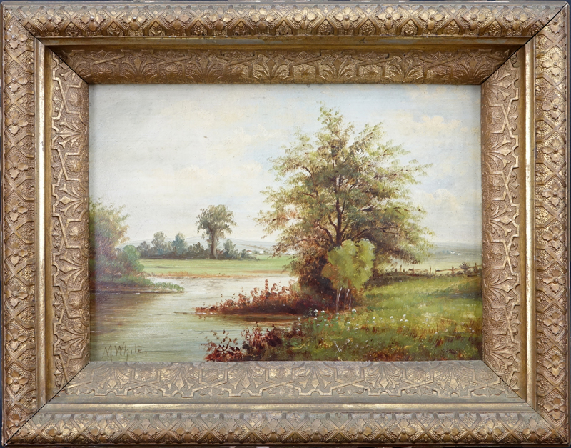 Possibly: Mazie Julia Barkley White, American  (1871 - 1934) Oil on board "River Landscape". Signed lower left M. White.