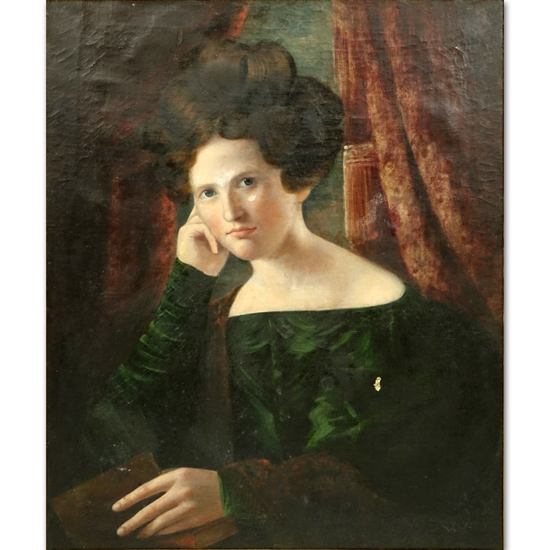 19th Century American School Portrait of a Young Woman Oil Painting. Unsigned, inscribed repainted by C. Murdoch en verso. 