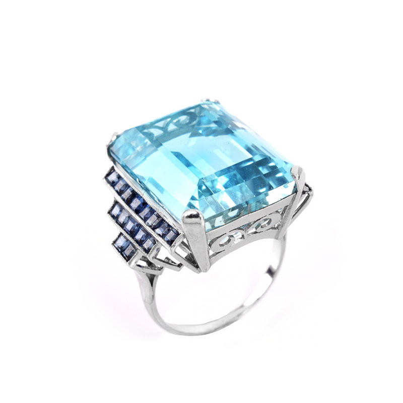 Vintage Estate Art Deco style 31.40 Carat Emerald Cut Gem Quality Aquamarine, Sapphire and Platinum Ring.